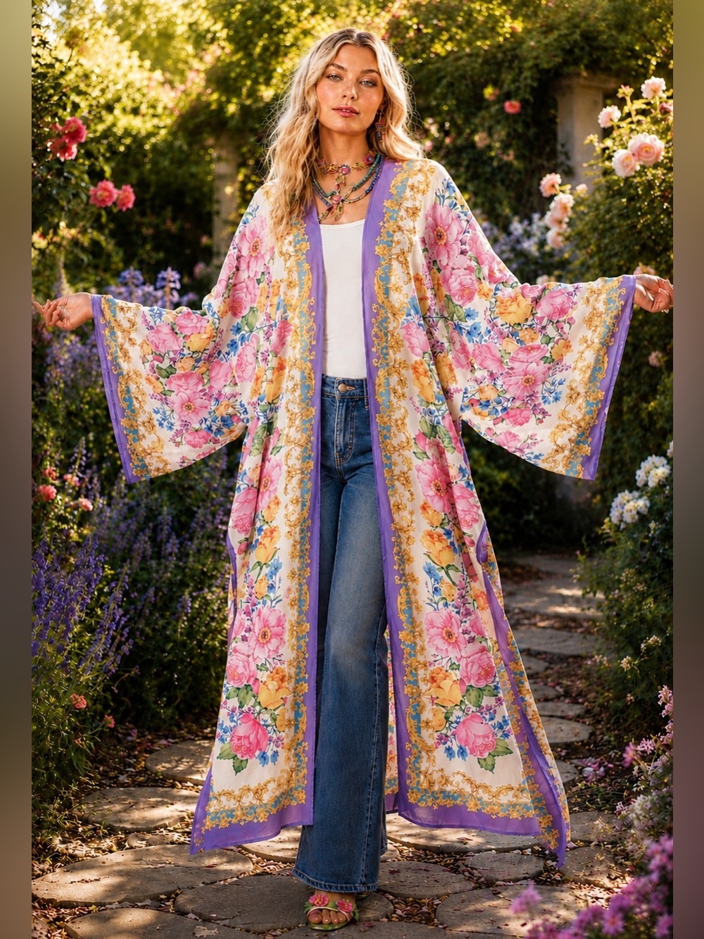 ❤️🔥 Aratta OS Floral Maxi Kimono Duster in Pastel Pink & Purple A-52 and A-53